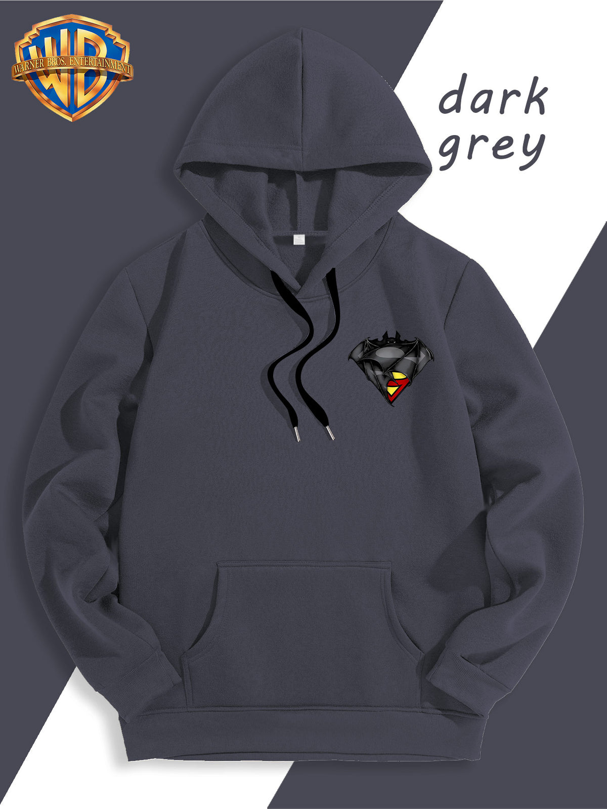 WB Warner Bros DC Official Justice League Superman-Batman Fusion Logo Hooded Sweatshirt - -Lined Hoodie Suitable for Men & Women, Unisex Couple's Gift, Adjustable Drawstring Hood, Iconic Logo Print for Casual Winter Wear, Machine Washable - Dark Gray