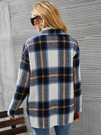 Gavin Oriented Autumn And Winter New Fashion Thick Women'S Shirt Jacket Loose Retro Fashion Button Warm Plaid Drop Shoulder Coat - Blue