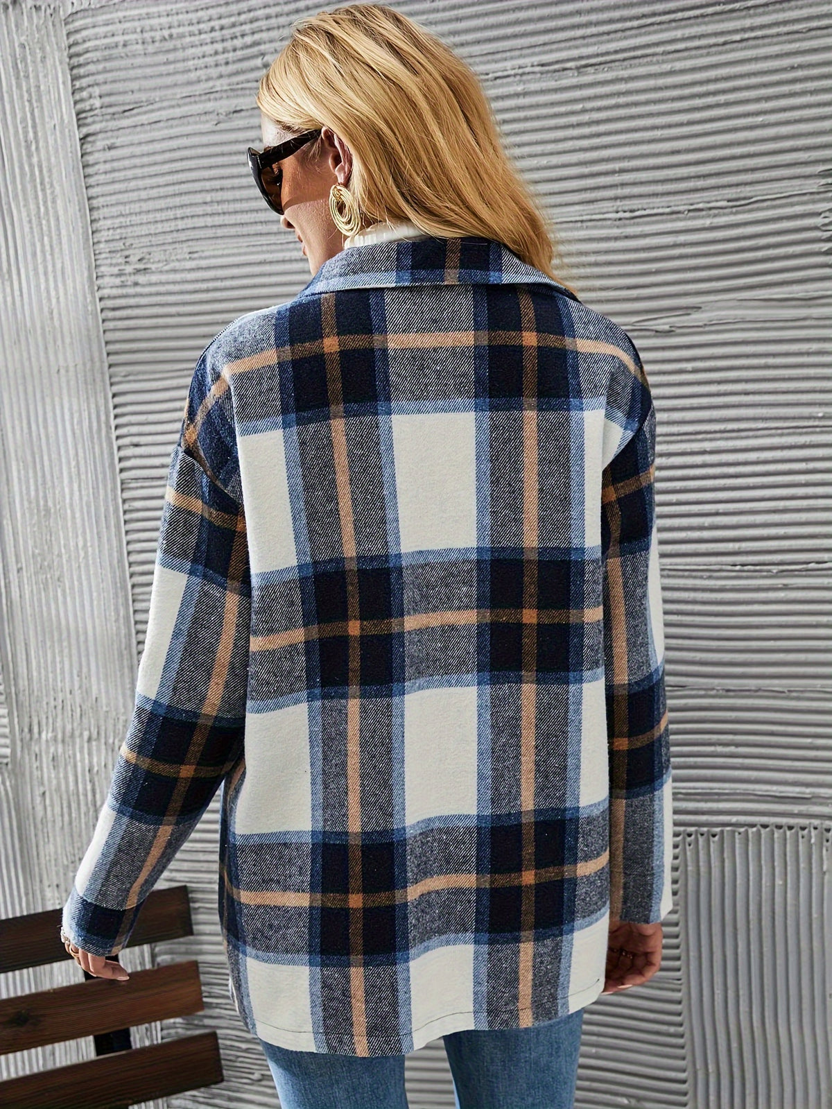 Gavin Oriented Autumn And Winter New Fashion Thick Women'S Shirt Jacket Loose Retro Fashion Button Warm Plaid Drop Shoulder Coat - Blue