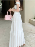 High-Waisted Skirt Elegant Casual A-Line Layered Skirt Spring And Summer Women'S Clothing Sweet Pink Long Pleated Cake Skirt - White