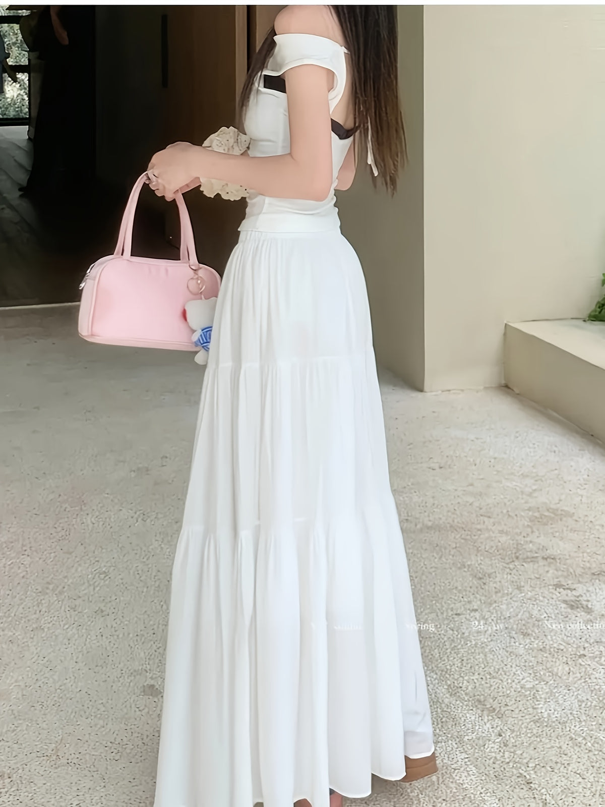 High-Waisted Skirt Elegant Casual A-Line Layered Skirt Spring And Summer Women'S Clothing Sweet Pink Long Pleated Cake Skirt - White