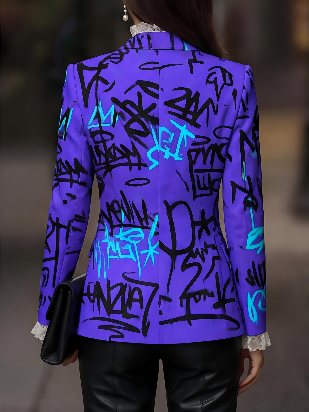 New Fashion Fluorescent Letter Graffiti Print Stylish Commuter Waist-Cinching Suit Jacket with Lining and Pockets - Fluorescent Purple