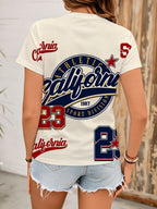 New Summer Fashion California Women's Printed T-Shirt, Beige Short Sleeve Crew Neck Casual Top with Vintage College Style Design - Mixed colors