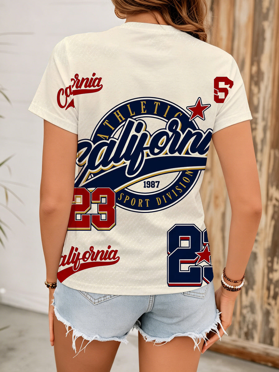 New Summer Fashion California Women's Printed T-Shirt, Beige Short Sleeve Crew Neck Casual Top with Vintage College Style Design - Mixed colors