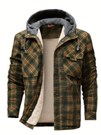 Men' S Warm Sherpa Lined Plaid Flannel Jacket Hoodie- Winter Thick Fleece Cozy Checkered Shirt Coat with Hood - Army Green