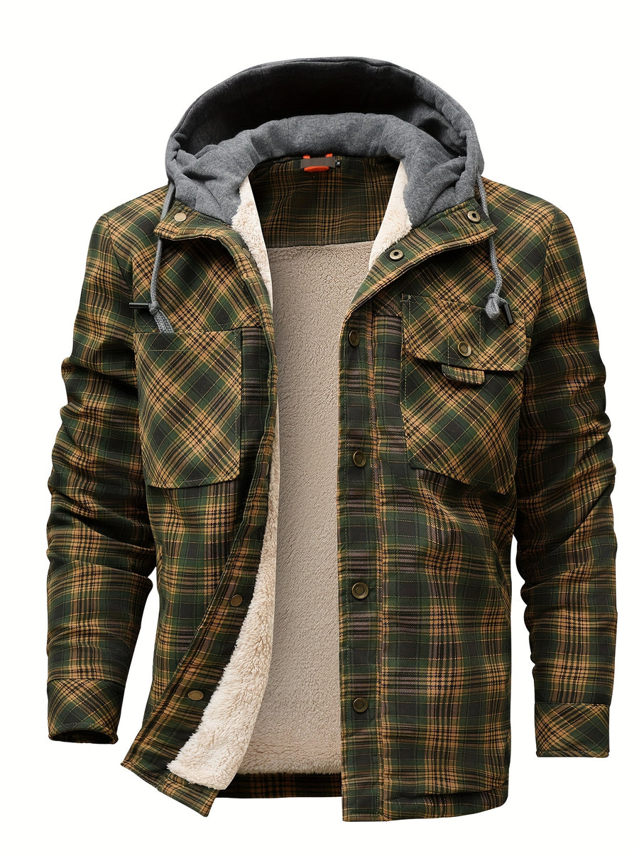 Men' S Warm Sherpa Lined Plaid Flannel Jacket Hoodie- Winter Thick Fleece Cozy Checkered Shirt Coat with Hood - Army Green