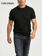 FORLENGKE Men's Summer Relaxed Holiday Style Cable Knit Crew Neck Short Sleeve T-Shirt, Soft Skin-Friendly Wrinkle-Resistant Fabric, Ideal for Summer Seaside Vacations, Market Strolls, Coffee Breaks, Short Road Trips, Friend Gatherings, and Holiday - Black