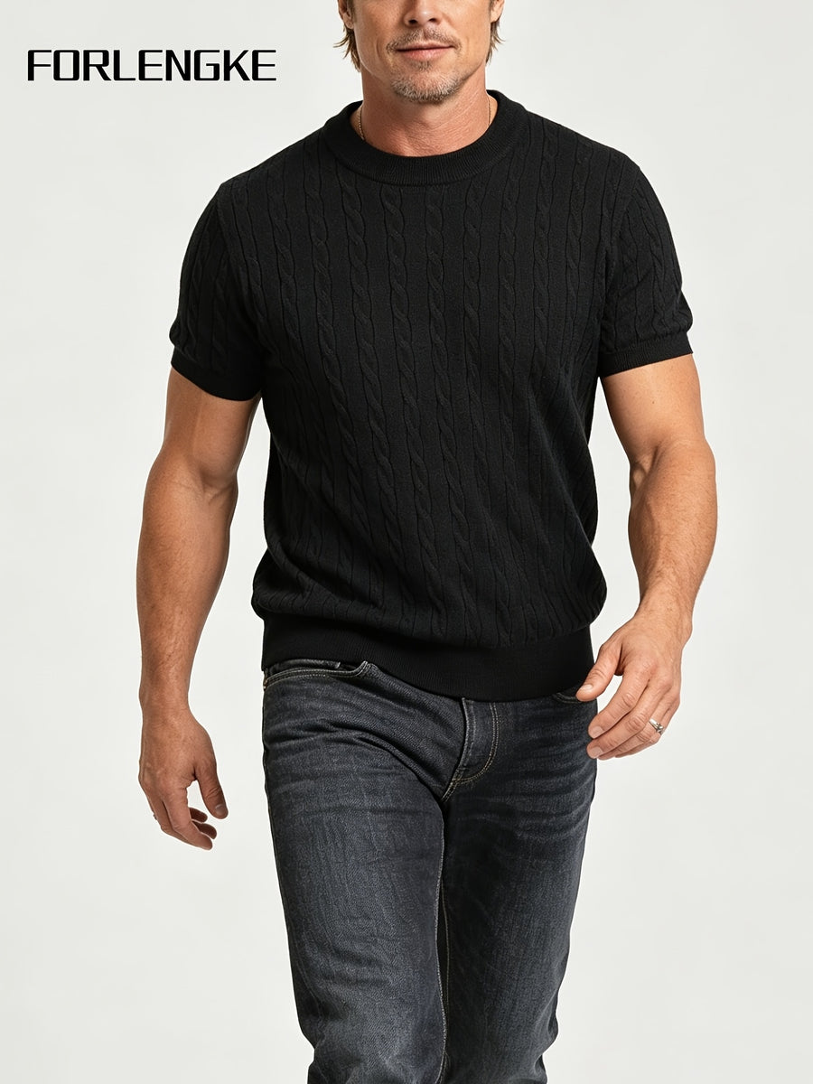 FORLENGKE Men's Summer Relaxed Holiday Style Cable Knit Crew Neck Short Sleeve T-Shirt, Soft Skin-Friendly Wrinkle-Resistant Fabric, Ideal for Summer Seaside Vacations, Market Strolls, Coffee Breaks, Short Road Trips, Friend Gatherings, and Holiday - Black
