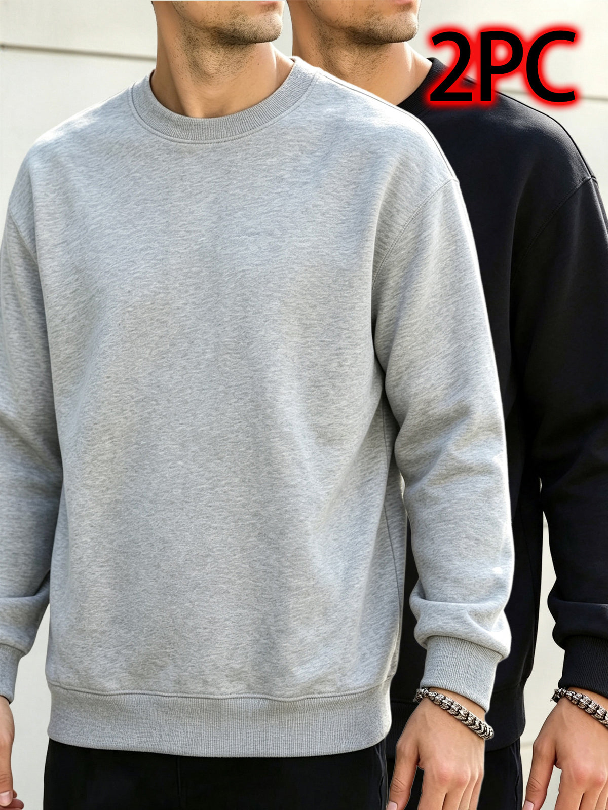 2pcs Men'S Spring Autumn Fashion Round Neck Sweatshirts - Knit Long Sleeve, Blend with Slight Stretch, Ideal for Studio And Outdoor Casual Running, True Color Pullover, Perfect Gift - Black+gray