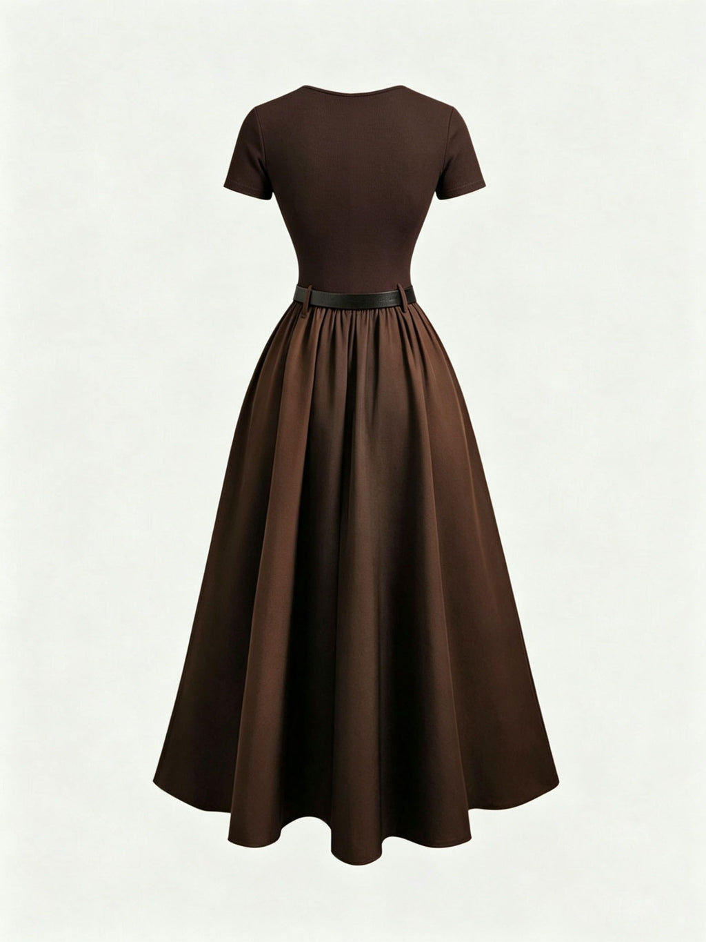 Round Neck Short Sleeve Dress with Belt, Temperament And Beauty, Women'S Spring Summer New Women'S Clothing, Most Frequently Purchased Women'S Clothing by Koreans, Casual Elegant Women'S Clothing, Hot Styling, Women'S Dress, Summer Clothing, Summer - Coffee Brown