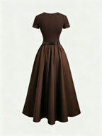 Round Neck Short Sleeve Dress with Belt, Temperament And Beauty, Women'S Spring Summer New Women'S Clothing, Most Frequently Purchased Women'S Clothing by Koreans, Casual Elegant Women'S Clothing, Hot Styling, Women'S Dress, Summer Clothing, Summer - Coffee Brown