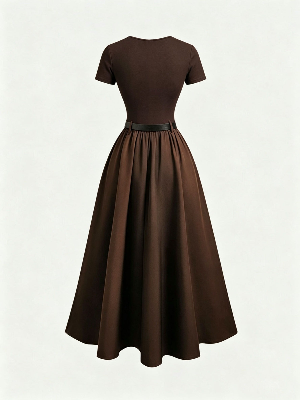 Round Neck Short Sleeve Dress with Belt, Temperament And Beauty, Women'S Spring Summer New Women'S Clothing, Most Frequently Purchased Women'S Clothing by Koreans, Casual Elegant Women'S Clothing, Hot Styling, Women'S Dress, Summer Clothing, Summer - Coffee Brown