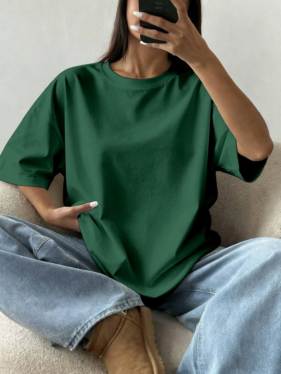 Women's Oversized Round Neck T-Shirt - Lightweight Short Sleeve Blouse Basic Solid Color Top | Spring Summer Casual Loose Fit Pullover, Machine Washable Suitable for Casual Attire, Office, Lounge & Layering - Dark Green