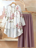 Women's Fashionable and Elegant Bohemian Print Long Sleeve and Long Pants Set - Rouge-colored floral pattern