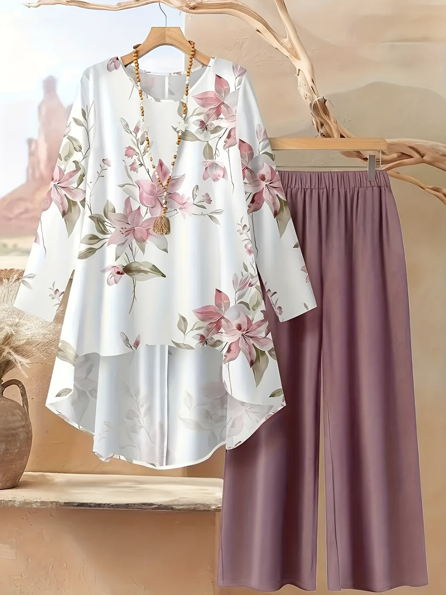 Women's Fashionable and Elegant Bohemian Print Long Sleeve and Long Pants Set - Rouge-colored floral pattern