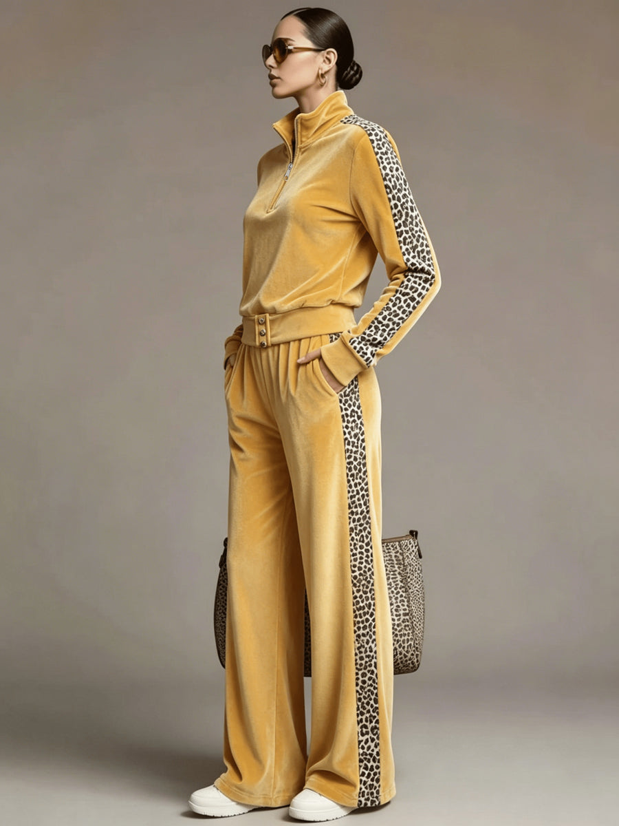 Women'S Velvet Color-Block Leopard Print Top And Wide-Leg Pants Two-Piece Set, Sport Casual Wear - Golden
