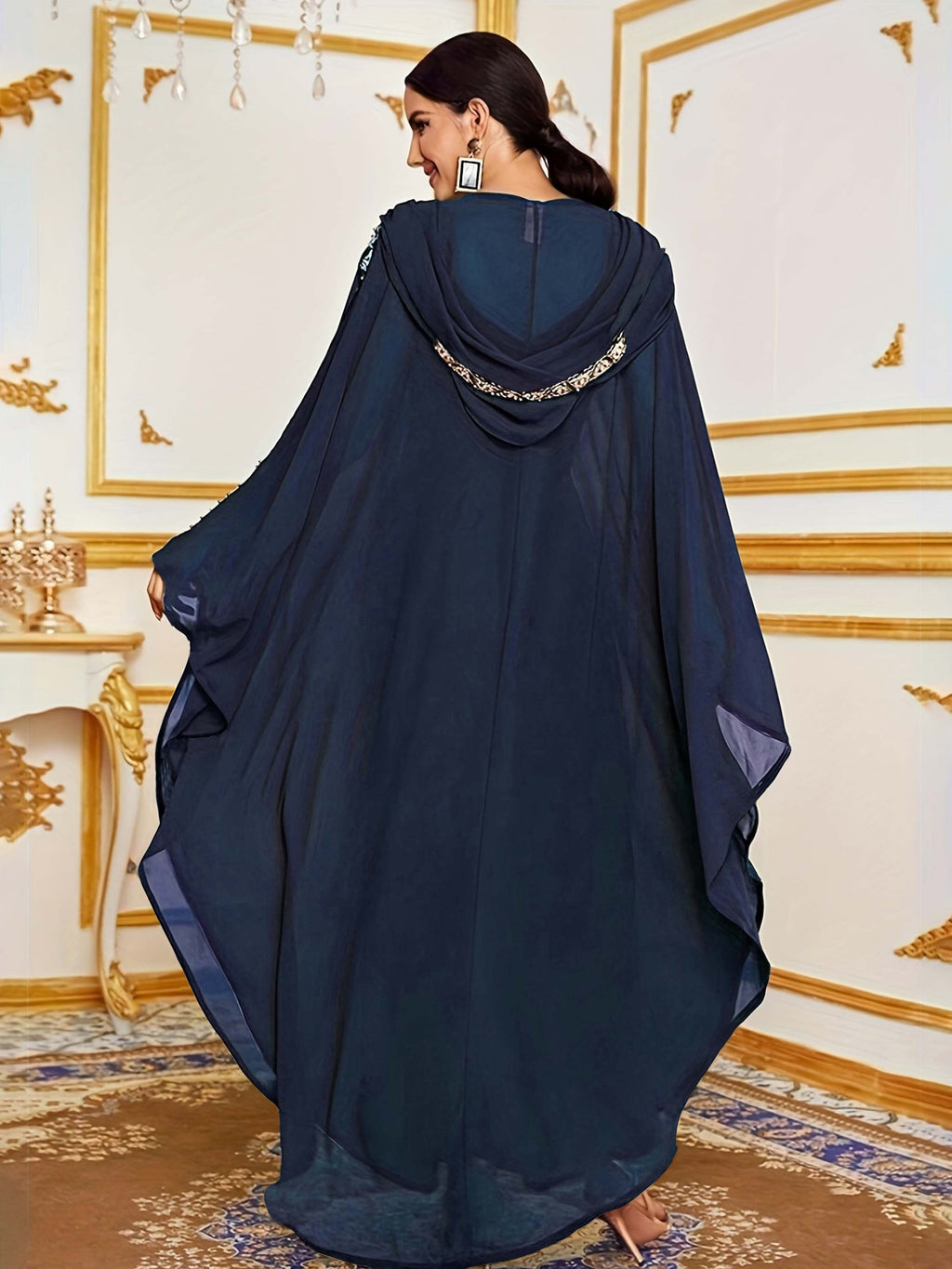 Middle Eastern Muslim Dress Little Dress Fashion French Romantic Classical Ethnic Style Loose Shawl Jumpsuit Hooded Abayas Robes - Navy Color