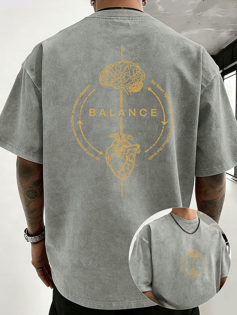 Men's 100% Cotton Washed Distressed Crew Neck Short-Sleeve T-Shirt, Balance Brain Heart Graphic Double-Sided Print, Trendy Loose Casual Tee Tops, 12 Colors Available - Grey