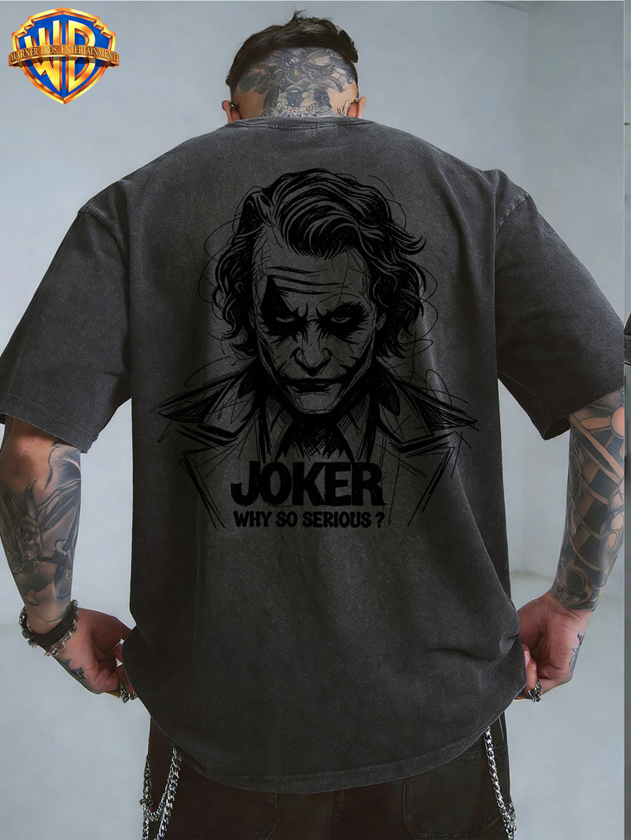 Warner Bros. Official - Cool Line Art Joker Print, American Vintage Washed Distressed T-Shirt, Suitable for Daily Commuting and Outdoor Wear, Machine Washable, Unisex - Black