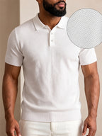 Men's Mature Business Style Knit Polo Shirt, 100% Pure Fabric, Breathable and Skin-friendly. Honeycomb Texture Jacquard Design, Simple Solid Color, Paired with a Three-button Lapel Collar, Clean Cut for a Flattering Fit. Suitable for Summer Commuting - White (White Buttons)