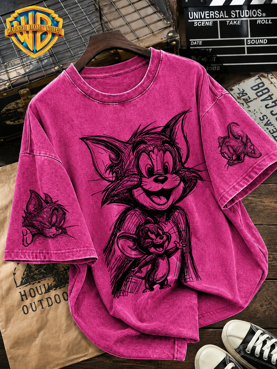 Warner Bros. Licensed Heart-shaped Mouse Pattern Printed Water-washed T-shirt. A Retro Short-sleeved Round-neck Top with a Sketch Cartoon Style Design. Perfect for Casual Street Wear, Daily Wear, Travel and Leisure Outings. - Rose Red