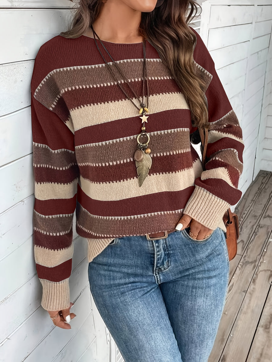 Women's Vintage Casual Sweater - Soft Medium-Stretch Round Neck Long Sleeve, Horizontal Striped Loose Fit Pullover for All-Season Comfort & Everyday Elegance, Cute Sweaters, Elegant Layering Piece, Durable Knitwear - Brick Red