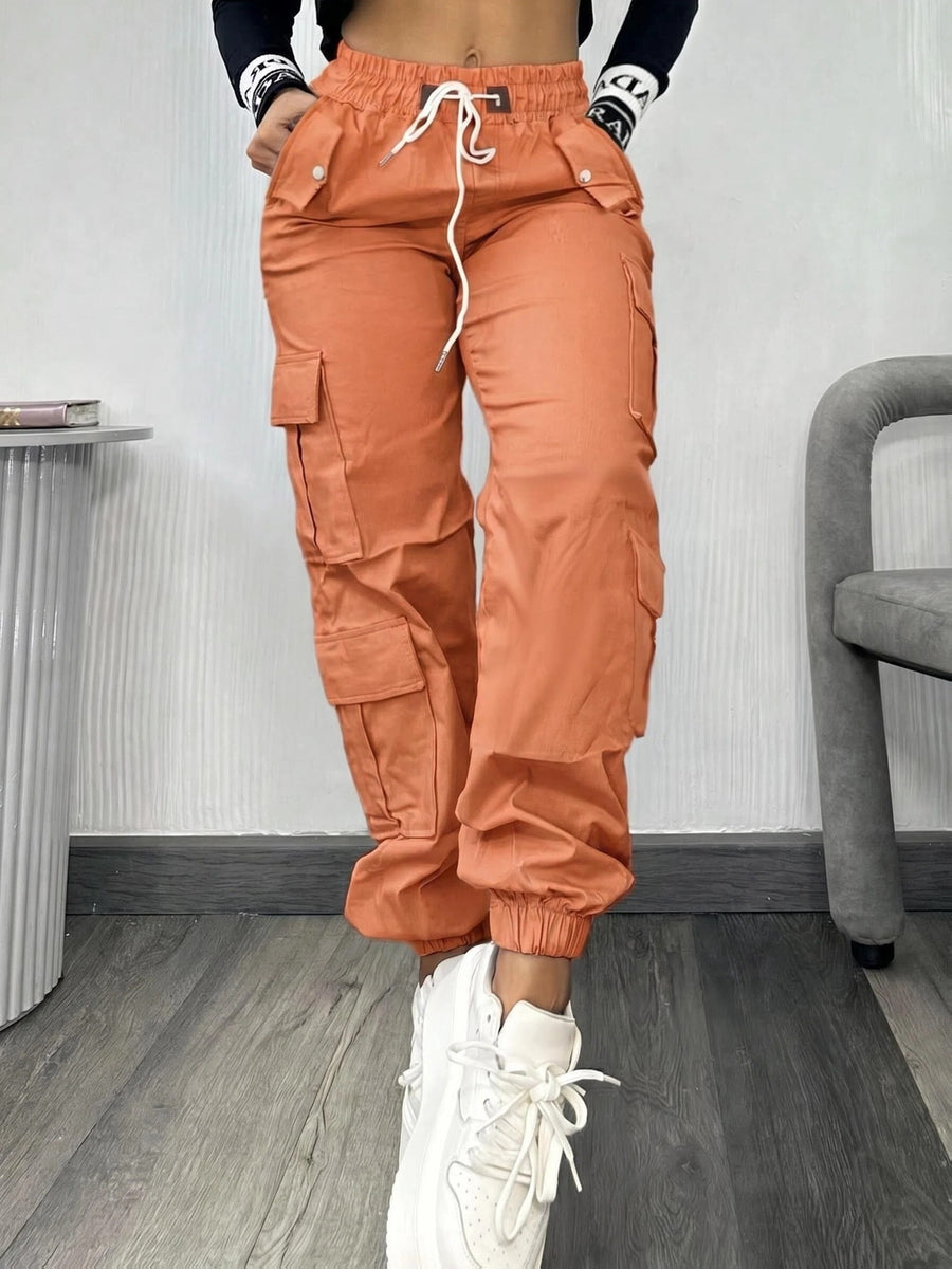 Christmas, Women'S Casual Drawstring Elastic Waist Jogger Pants, Minimalist Design Y2K Street Style Multiple Pockets Spring/Summer - Orange red