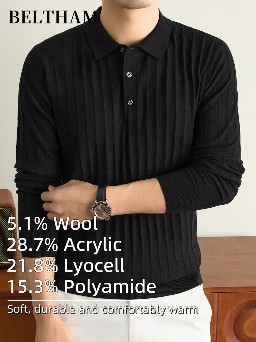 Men's New Fall Winter Wool Blend Long Sleeve Polo Collar Pullover Sweater, Cold Resistant Warm Soft Comfortable Knit Jumper, Simple Elegant Fashion, Ideal Gift for Father Husband, Daily Casual Business Sports Golf Fishing Outdoor Camping Wear - Black