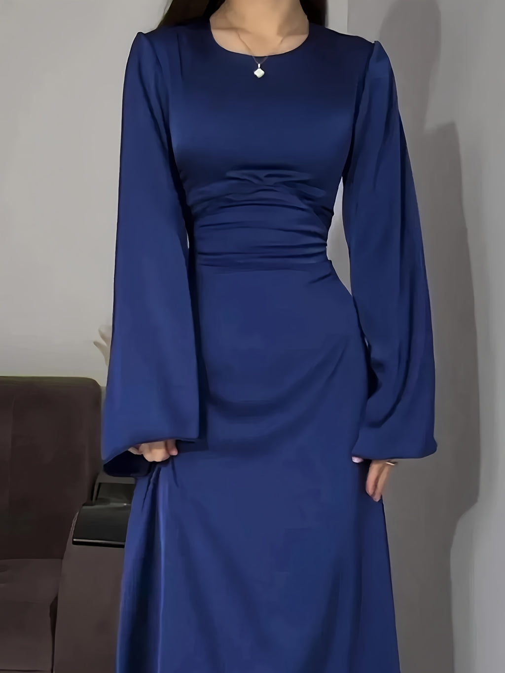 Women'S Elegant Temperament Long Back-Tie Long Sleeve Dress - Navy Color