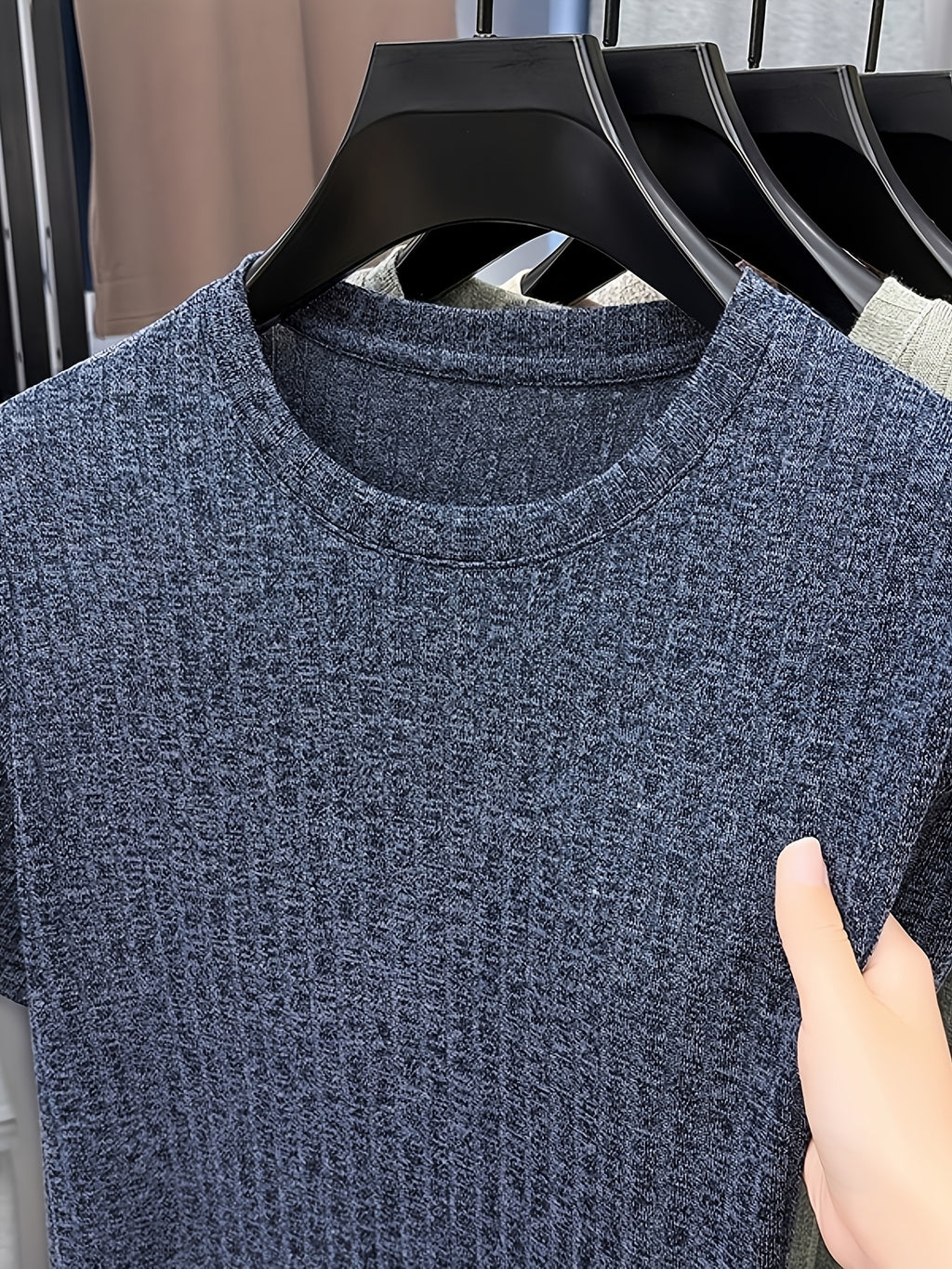 Men'S Round Neck Vertical Ribbed Knit T-Shirt, Summer Breathable Commuter Business Style, Casual Versatile Short Sleeve Top, Basic Round Neck Design, Neat Stitching, Contouring Neckline, Unrestrictive for Daily Activities - Shangqing