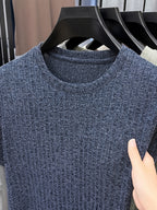 Men'S Round Neck Vertical Ribbed Knit T-Shirt, Summer Breathable Commuter Business Style, Casual Versatile Short Sleeve Top, Basic Round Neck Design, Neat Stitching, Contouring Neckline, Unrestrictive for Daily Activities - Shangqing