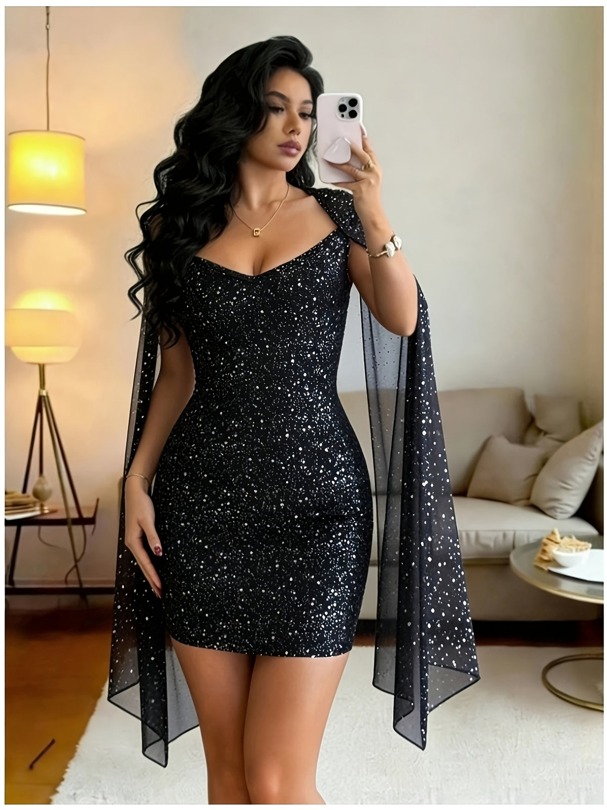 Elegant, Exquisite and Fashionable Women's Hip-hugging Mini Bridesmaid DressSquare Neck with Sheer Mesh Draped Cape SleevesSilvery-toned Slim Fit SilhouetteSuitable for Dating Parties, Nightclubs, Dances and Wedding Guest Wear - Black