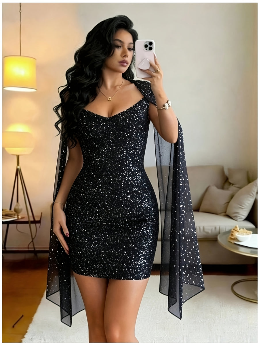 Elegant, Exquisite and Fashionable Women's Hip-hugging Mini Bridesmaid DressSquare Neck with Sheer Mesh Draped Cape SleevesSilvery-toned Slim Fit SilhouetteSuitable for Dating Parties, Nightclubs, Dances and Wedding Guest Wear - Black