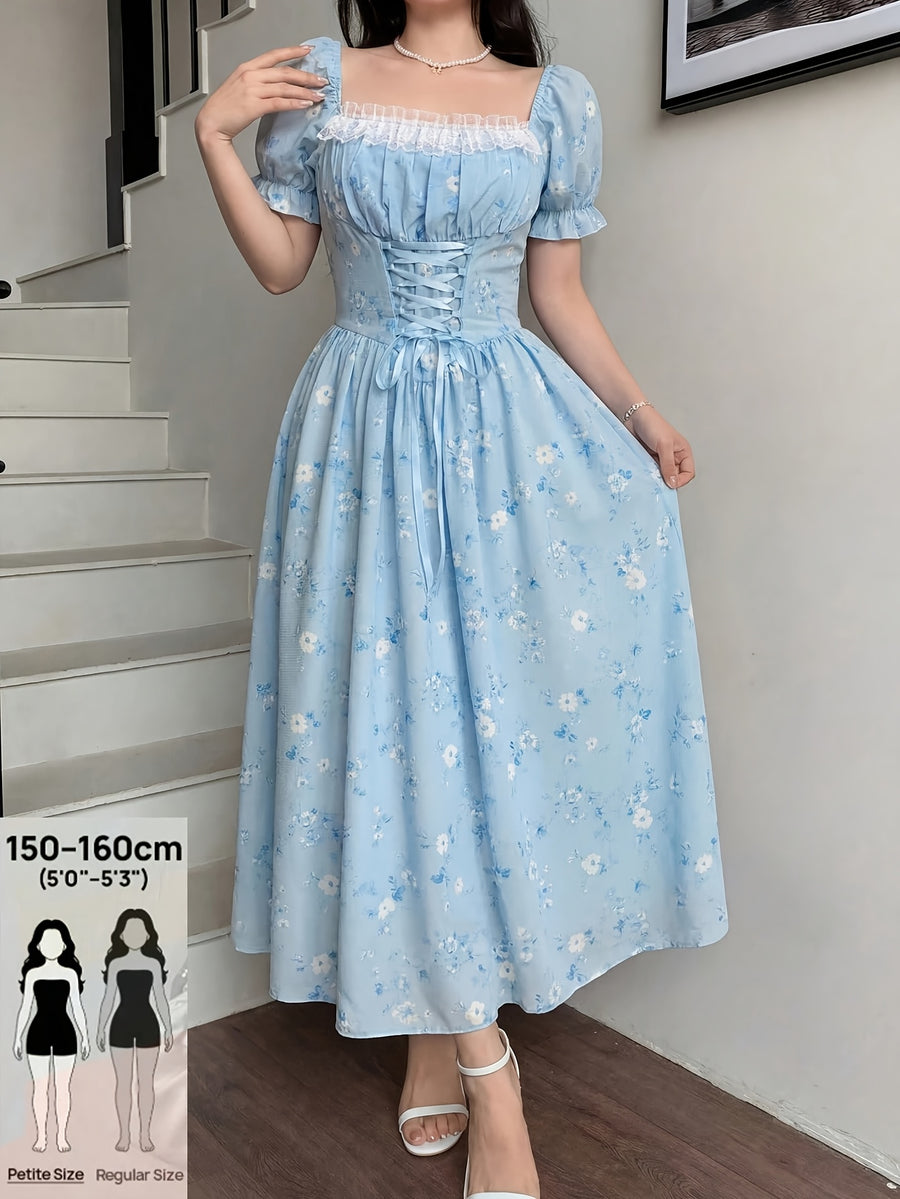 Charming Romantic Dumb Flower Patchwork Lace Collar Long Sleeve Waist-Cinching Elegant Dress, Vacation Wear, Women'S Dress - Light Blue