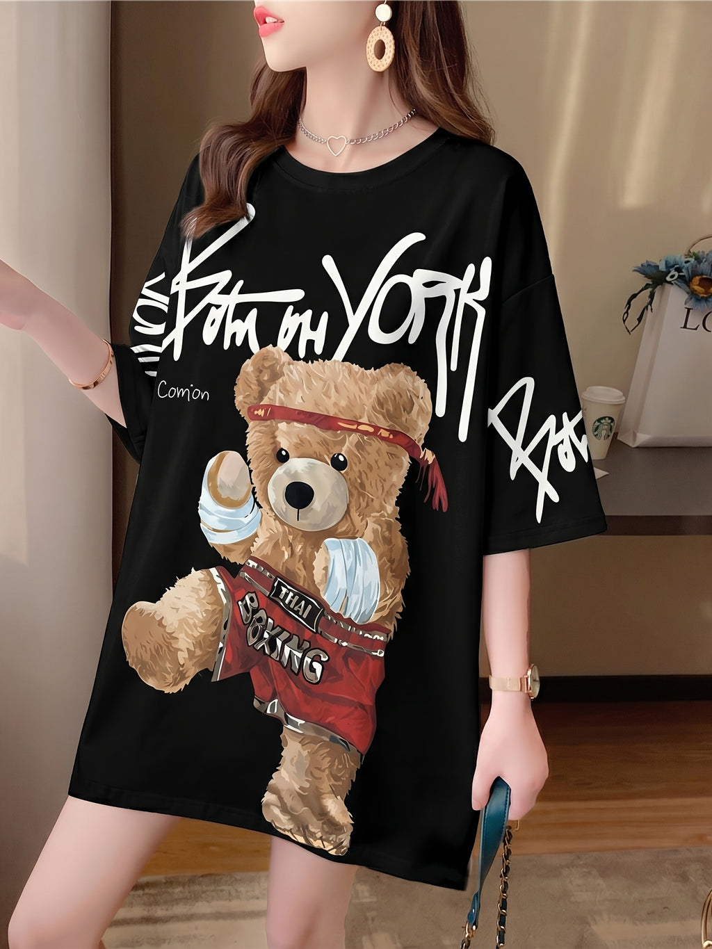 Summer New Large Size Loose Fashion Trend Slim Cartoon Round Neck Print Ladies Women'S Medium And Long Short-Sleeved T-Shirt Clothes - Black