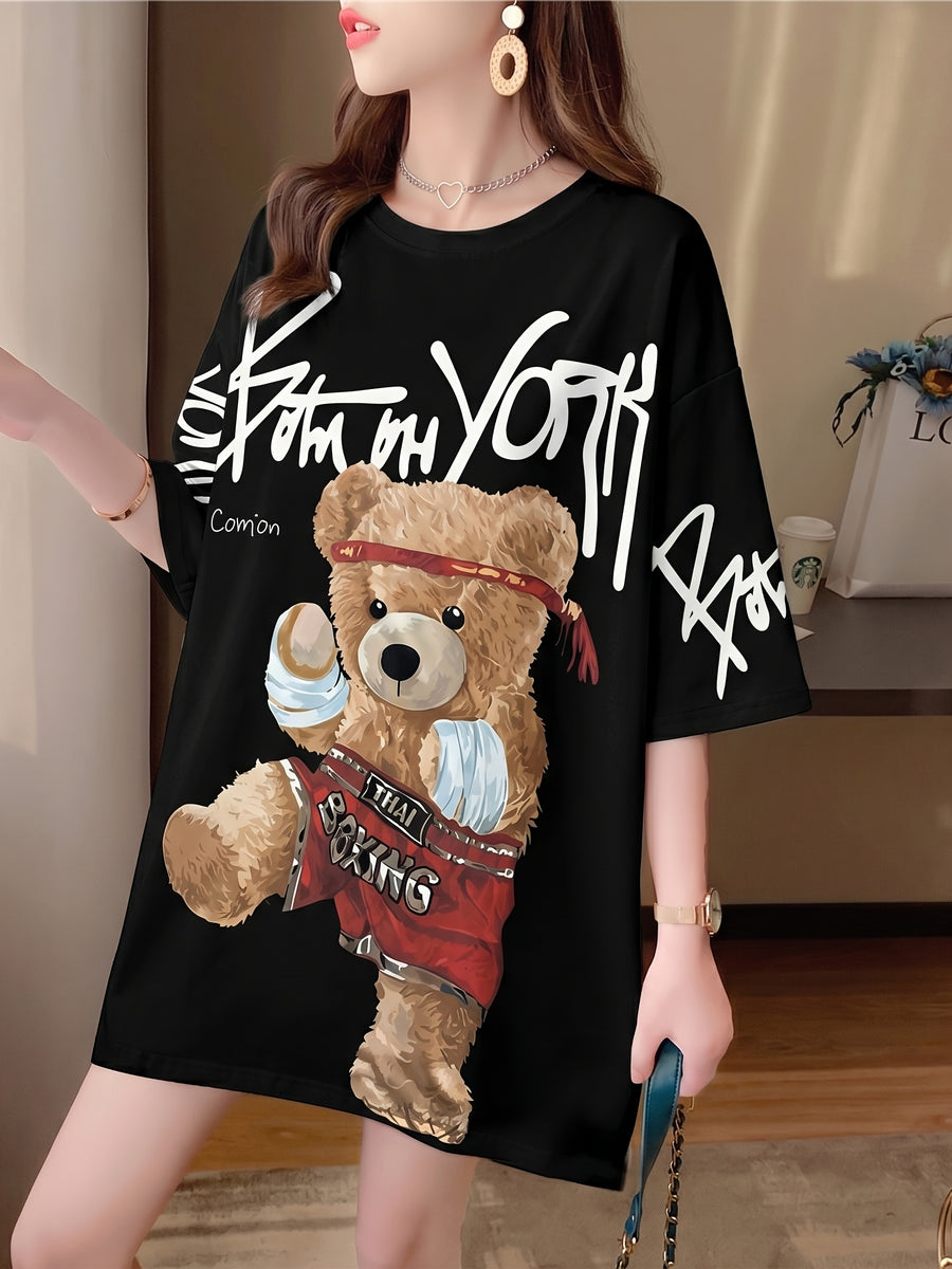 Summer New Large Size Loose Fashion Trend Slim Cartoon Round Neck Print Ladies Women'S Medium And Long Short-Sleeved T-Shirt Clothes - Black