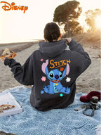Disney Licensed Women'S Casual Hooded Sweatshirt with Prints And Text, Stitch Cartoon Character with Floral Elements, Disney Multiple Print Women'S Hooded Sweatshirt, Women'S Drawstring Hooded Sweatshirt with Pockets - Dark Gray