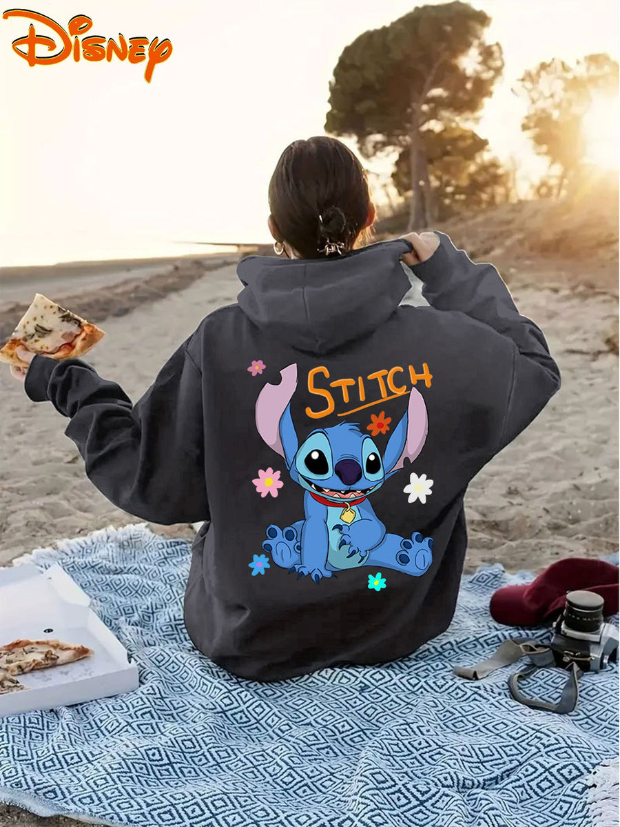 Disney Licensed Women'S Casual Hooded Sweatshirt with Prints And Text, Stitch Cartoon Character with Floral Elements, Disney Multiple Print Women'S Hooded Sweatshirt, Women'S Drawstring Hooded Sweatshirt with Pockets - Dark Gray