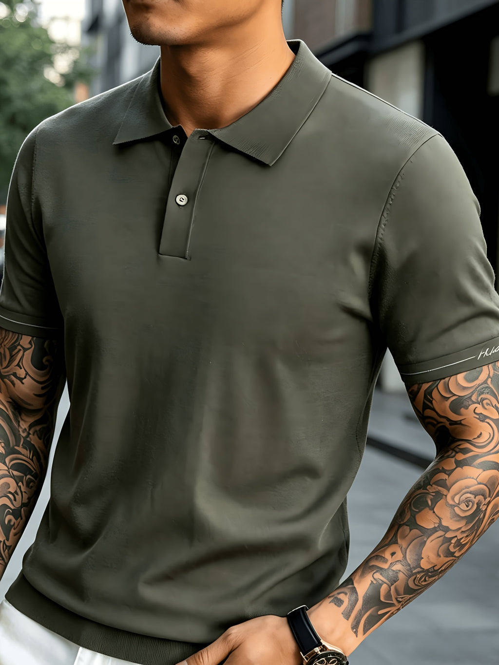 Men's Knitted Short-Sleeve Polo Shirt - Urban Street Scene Exterior Shot, Slim Fit, Lapel Collar, Two-Button, Business Casual Commuter Thin Top, Solid Color Knit Top with Embroidered Cuff Design - Autumn Bamboo Green