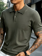 Men's Knitted Short-Sleeve Polo Shirt - Urban Street Scene Exterior Shot, Slim Fit, Lapel Collar, Two-Button, Business Casual Commuter Thin Top, Solid Color Knit Top with Embroidered Cuff Design - Autumn Bamboo Green