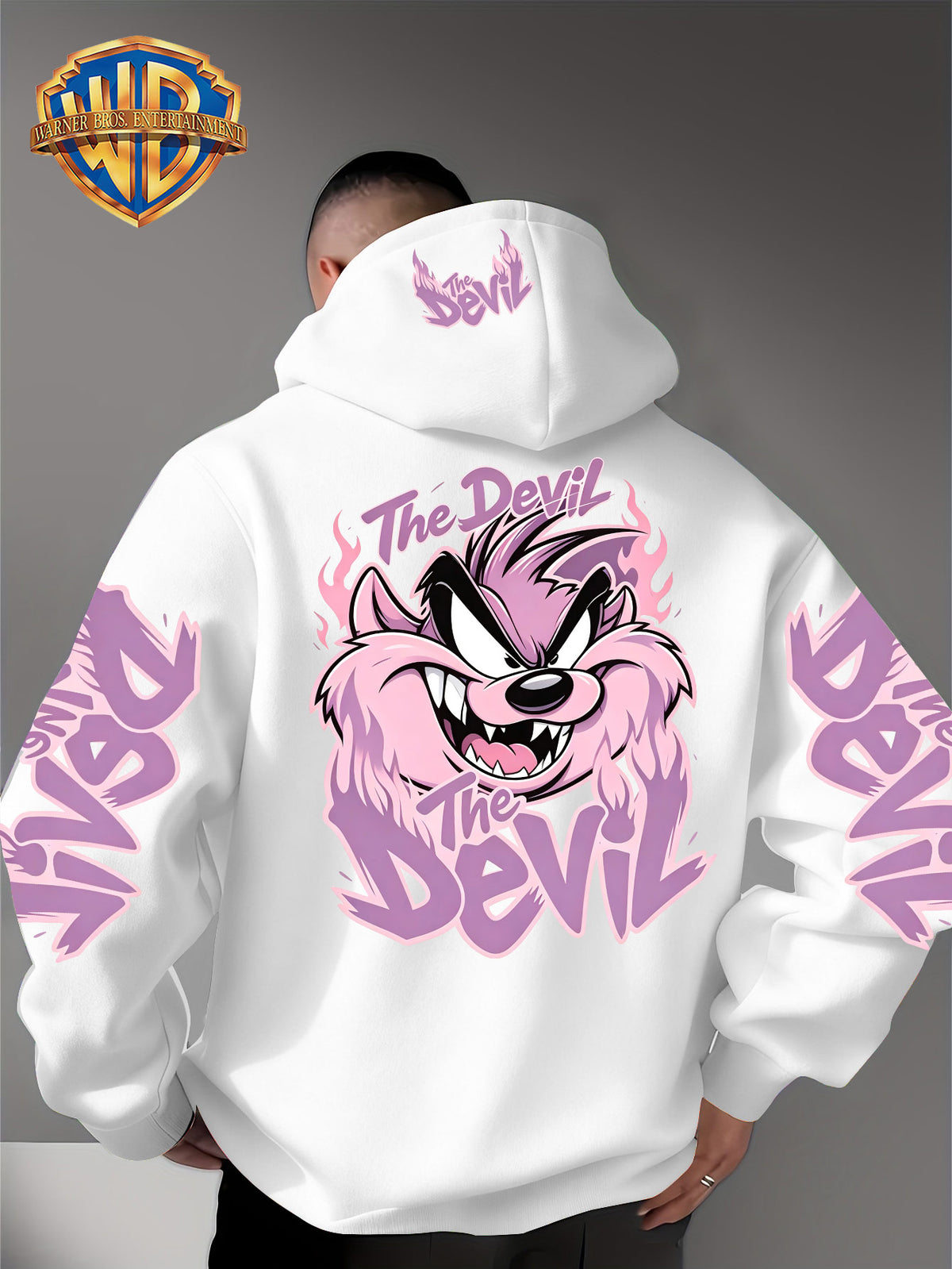 Le Yitong Tasmanian Devil Big Mouth Monster Print Hoodie, with Sleeve Print Design, Kangaroo Pouch And Drawstring Hood, Suitable for Autumn/Winter Casual Wear And Outdoor Activities - White