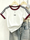 Women's Regular Shoulder-to-shoulder Fit, Round Neck, Color-blocked, Slim-fit, Simple Line Pattern Print, Trendy Niche, Casual, Minimalist, Y Short-sleeve T-shirt Top - White