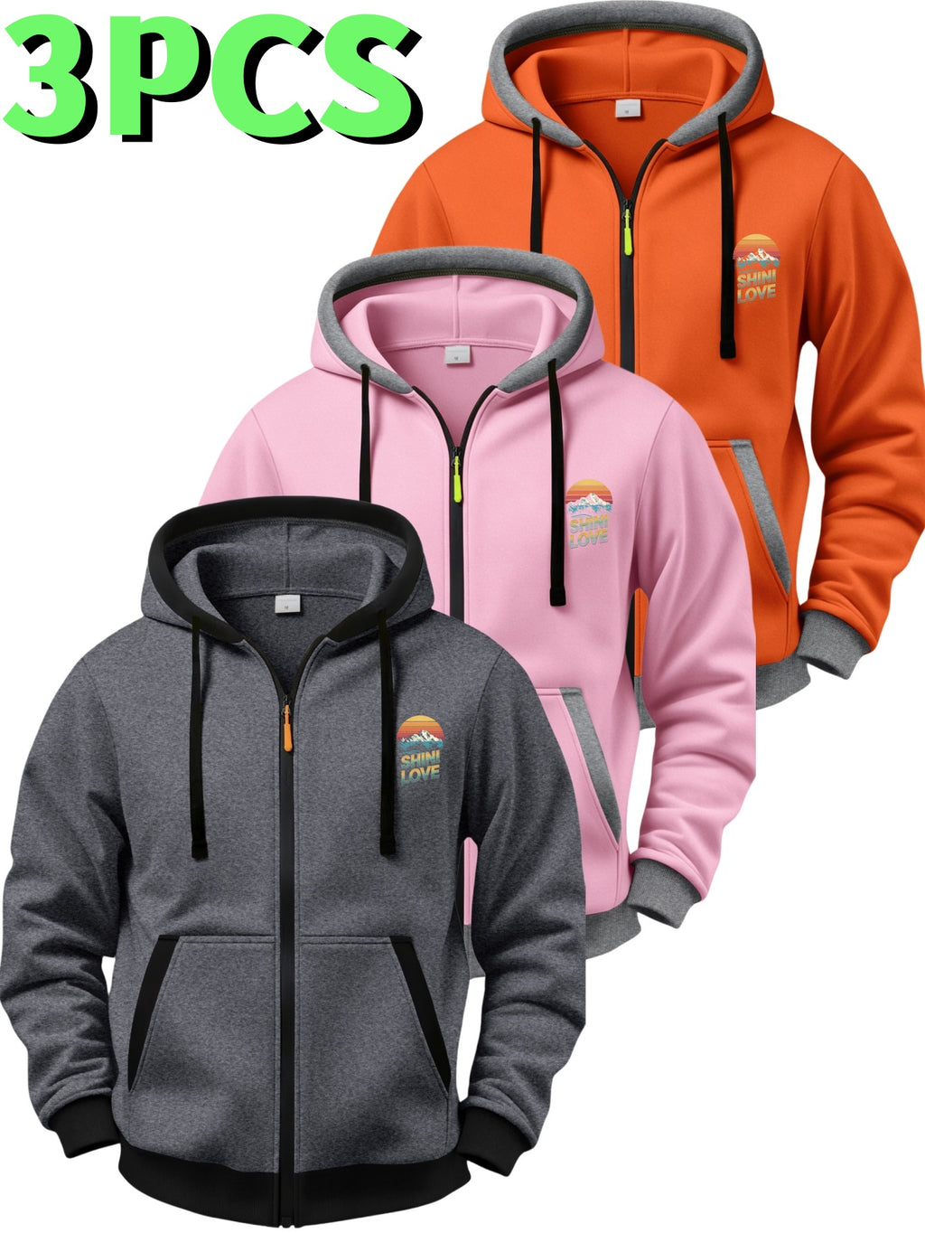 3pcs Set Vintage Sunset Mountain Peak Letter Small Print Zip-Up Hooded Sweatshirt for Men and Women, Spring/Autumn Contrast Trim Full-Zip Cardigan Jacket, Outdoor Mountain Style Loose Fit Casual 3pcs Versatile Zip-Up Hoodie Set - Orange-red + pink + dark gray