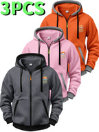 3pcs Set Vintage Sunset Mountain Peak Letter Small Print Zip-Up Hooded Sweatshirt for Men and Women, Spring/Autumn Contrast Trim Full-Zip Cardigan Jacket, Outdoor Mountain Style Loose Fit Casual 3pcs Versatile Zip-Up Hoodie Set - Orange-red + pink + dark gray