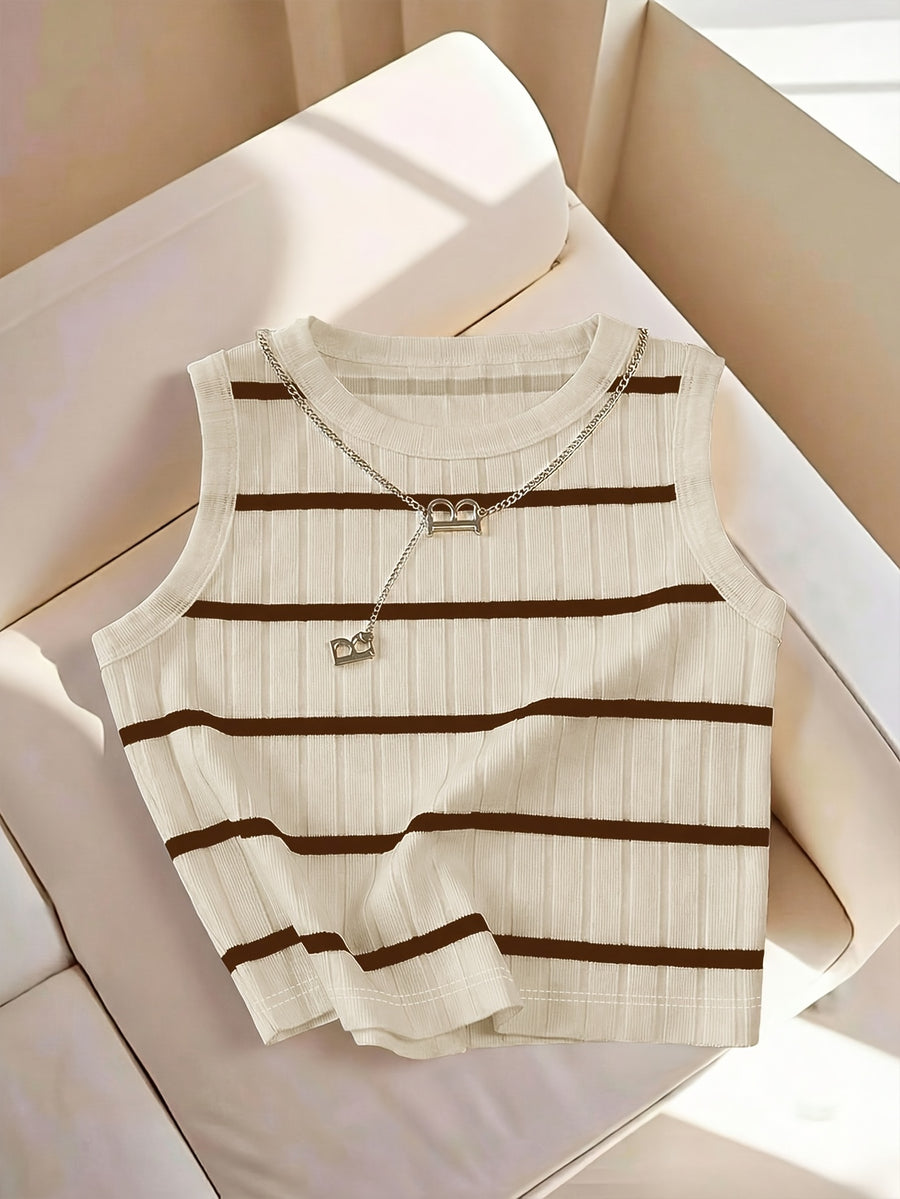 Women'S Fashion Striped Round Neck Tank Top - Khaki