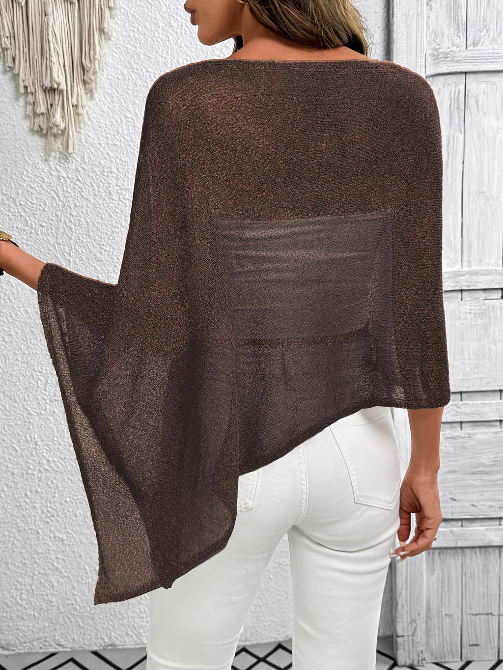 Solid Color Asymmetrical Design Cape-Style Casual Large Round Neck Women's Top - Dark Brown