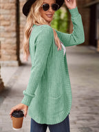 Women's Solid Color Brushed Casual Spliced Long Sleeve Cardigan - Matcha Color