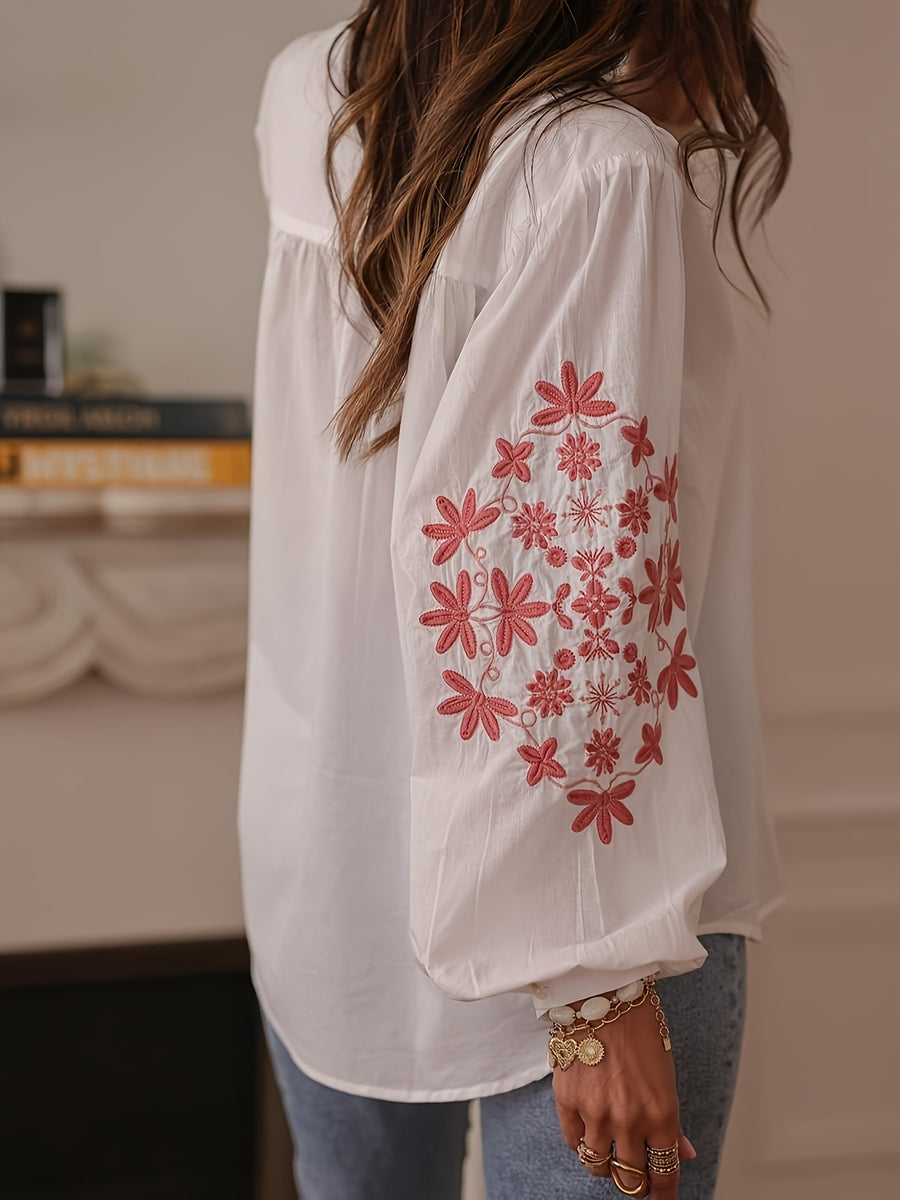 Loose Casual Solid Embroidered Commute Picnic Gathering Office Women'S Lantern Sleeve Shirt - White