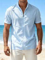 [Qiaoximei OBM] 2pcs Set, Latest Men'S Short-Sleeve Zip-Up Cardigan, Street Beach Comfortable Casual Outdoor, with Stand-Up Collar Design, Suitable for Beach Vacations, Pool Parties, And Daily Casual Wear, Men'S Top, Short-Sleeve Zip-Up Cardigan - Sky blue two pieces