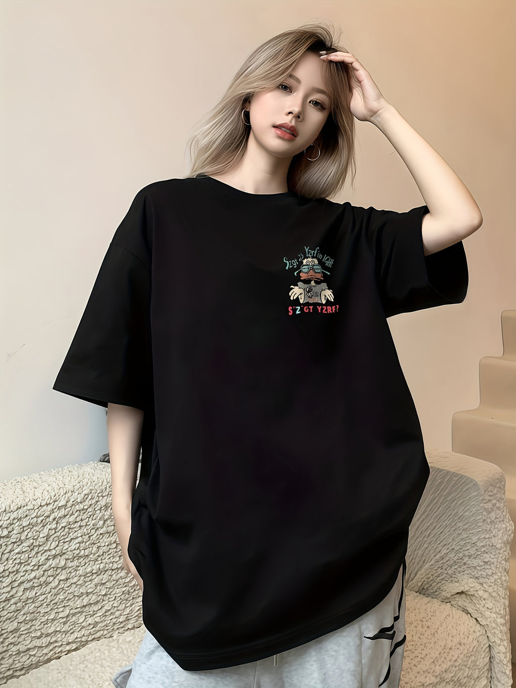 Women's Short Sleeve T-Shirt, New Spring/Summer Style, Korean Style Loose Fit, Solid Color Pullover, Versatile and Simple Top, Fashionable and Trendy Commuter Top, Solid Color T-Shirt for Women - Black